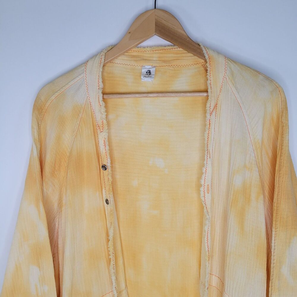 ANTHROPOLOGIE FLAWLESS Yellow Gauzy Cotton Shirt Sz M Tie Dye Oversized Longline - Picture 7 of 11